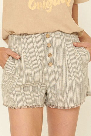 Striped Raw-Hem Buttoned Pleat-Front Pocket Shorts
