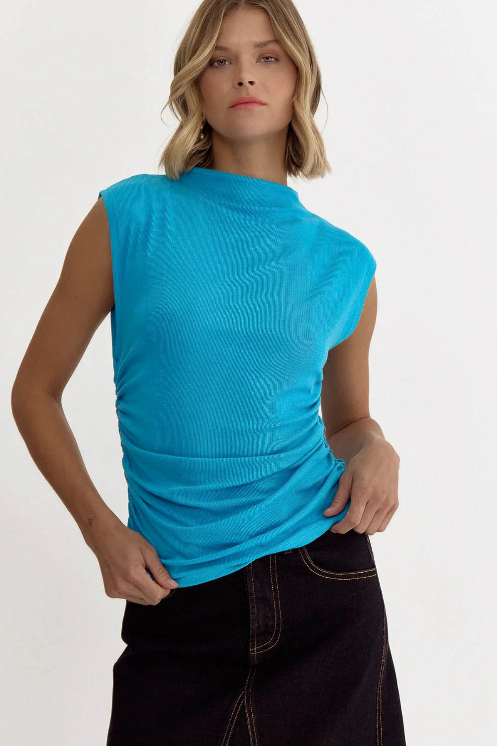 Cobalt Mock Neck Rouched Sleeveless Top