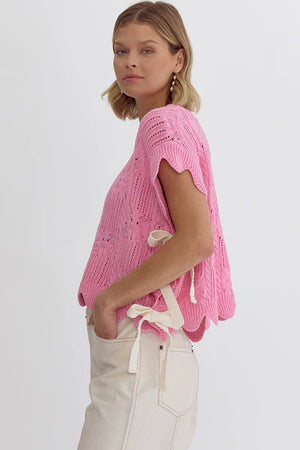 Crochet Knit Short Sleeve Cropped Top with Self Ties