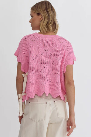 Crochet Knit Short Sleeve Cropped Top with Self Ties