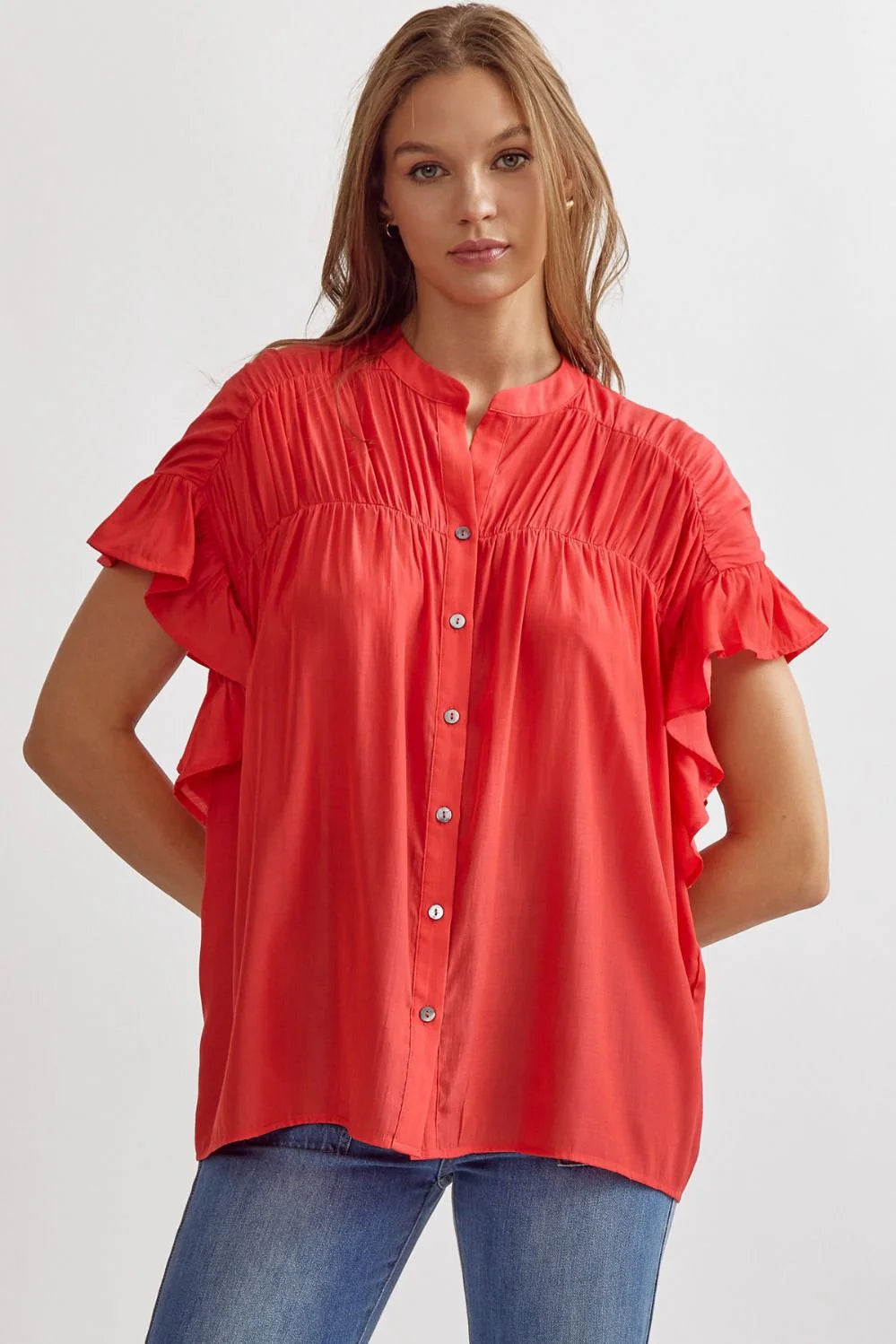 Punch Button Up Ruffle Sleeve Top