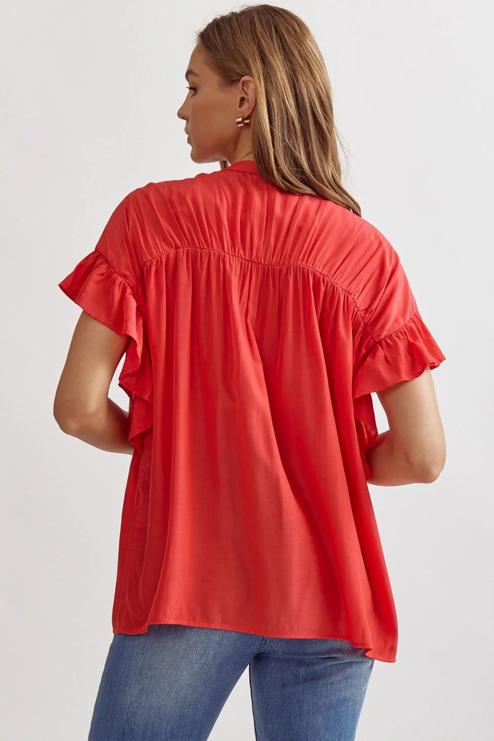 Punch Button Up Ruffle Sleeve Top