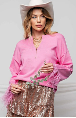 Pink Feather Sleeve Sweater