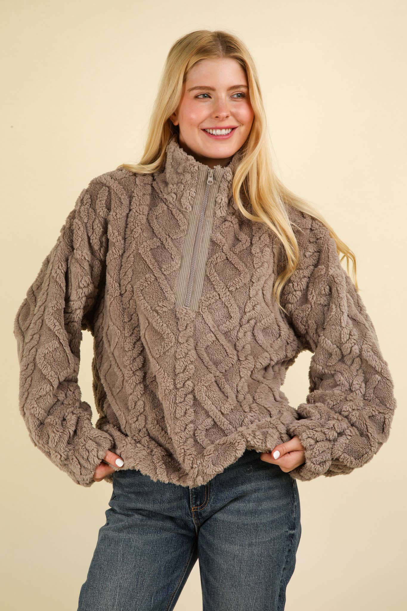 Fuzzy Fleece Cozy Cable Pattern Henley Top