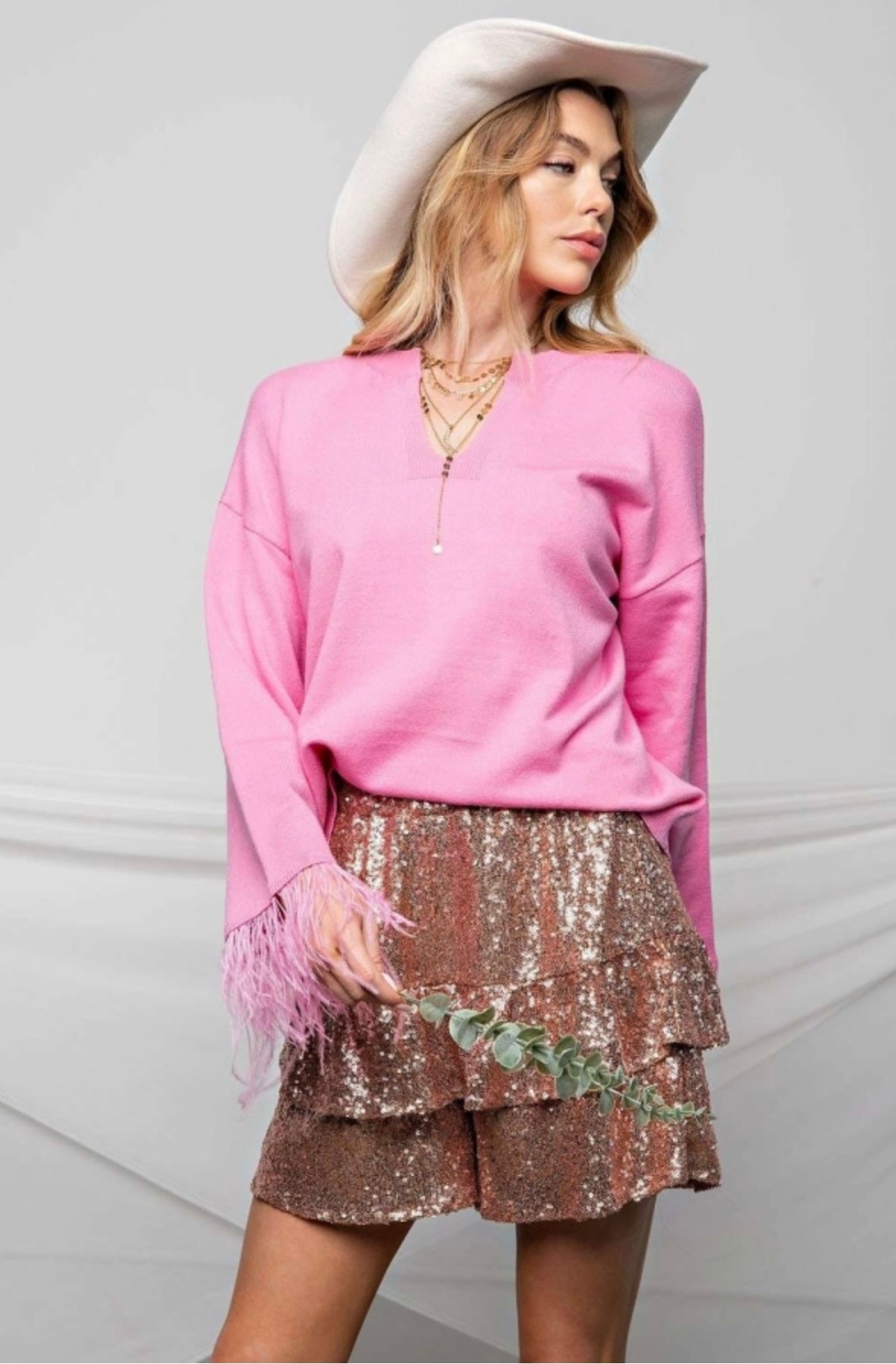 Pink Feather Sleeve Sweater