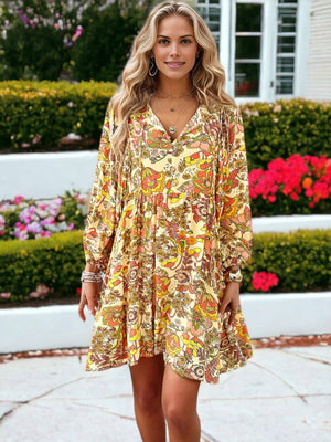 Floral Printed Bishop Sleeve Smock Dress