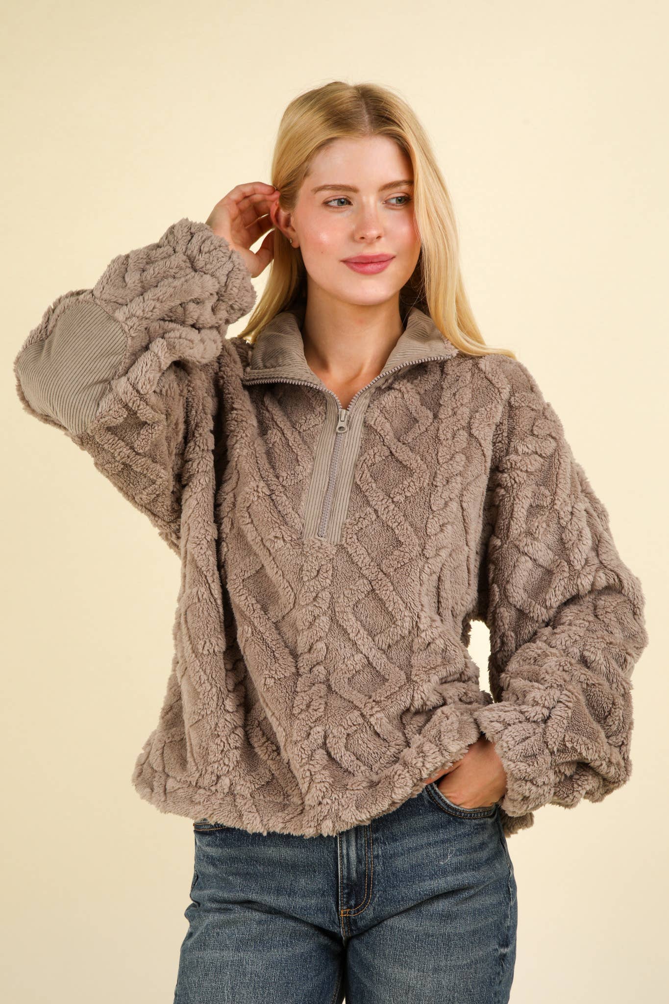 Fuzzy Fleece Cozy Cable Pattern Henley Top