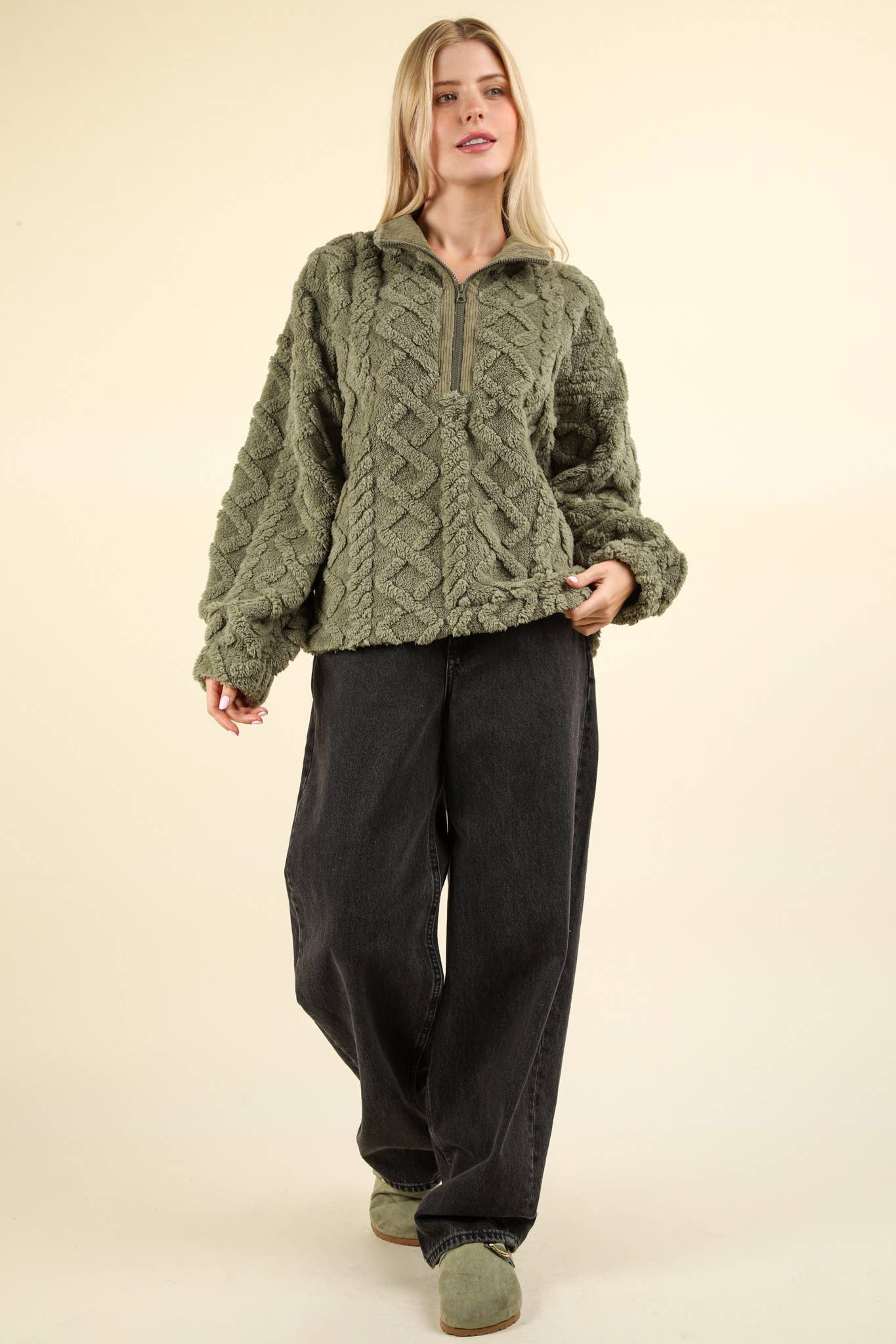 Fuzzy Fleece Cozy Cable Pattern Henley Top