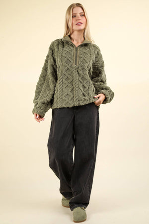 Fuzzy Fleece Cozy Cable Pattern Henley Top