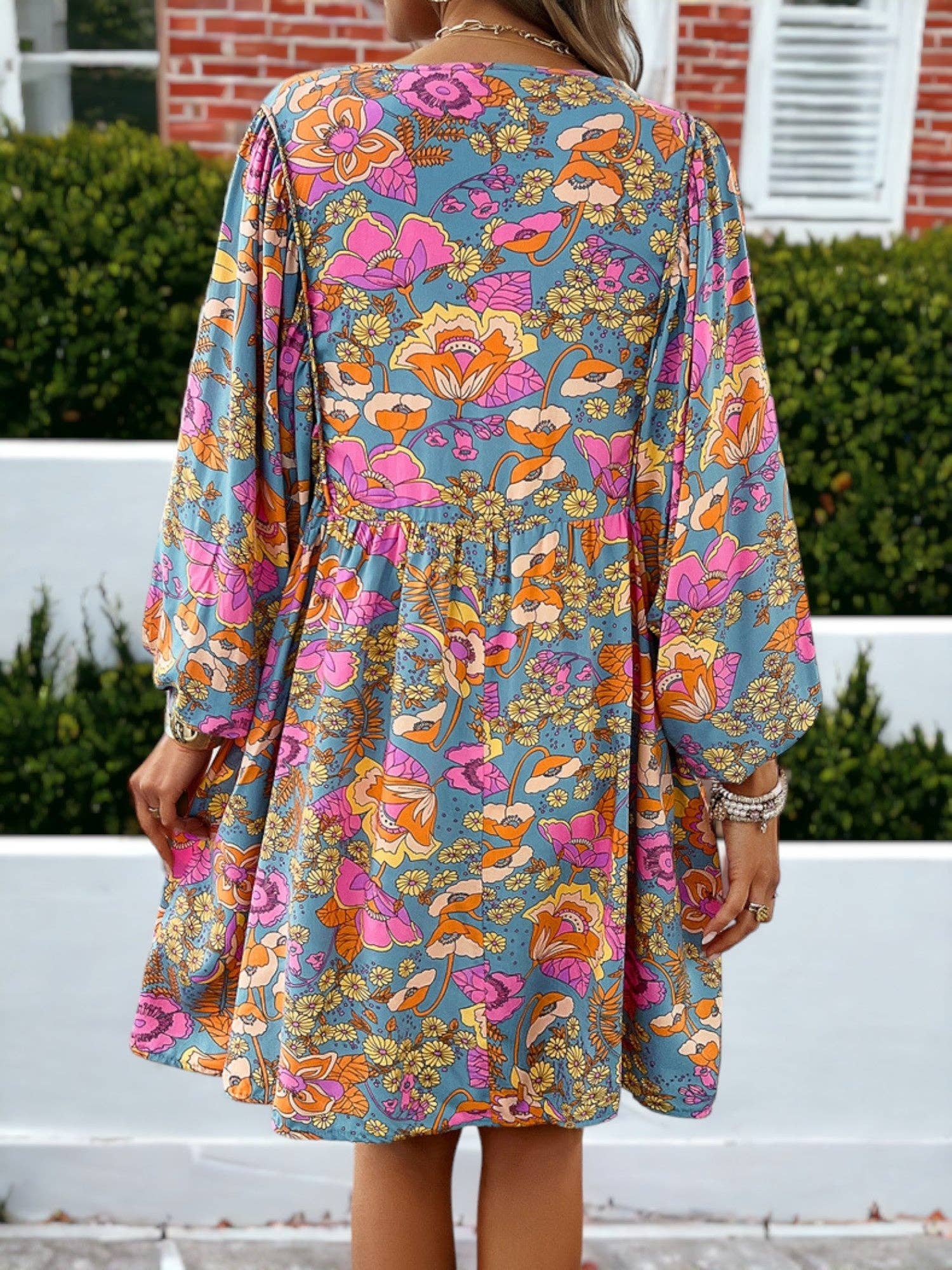 Floral Printed Bishop Sleeve Smock Dress