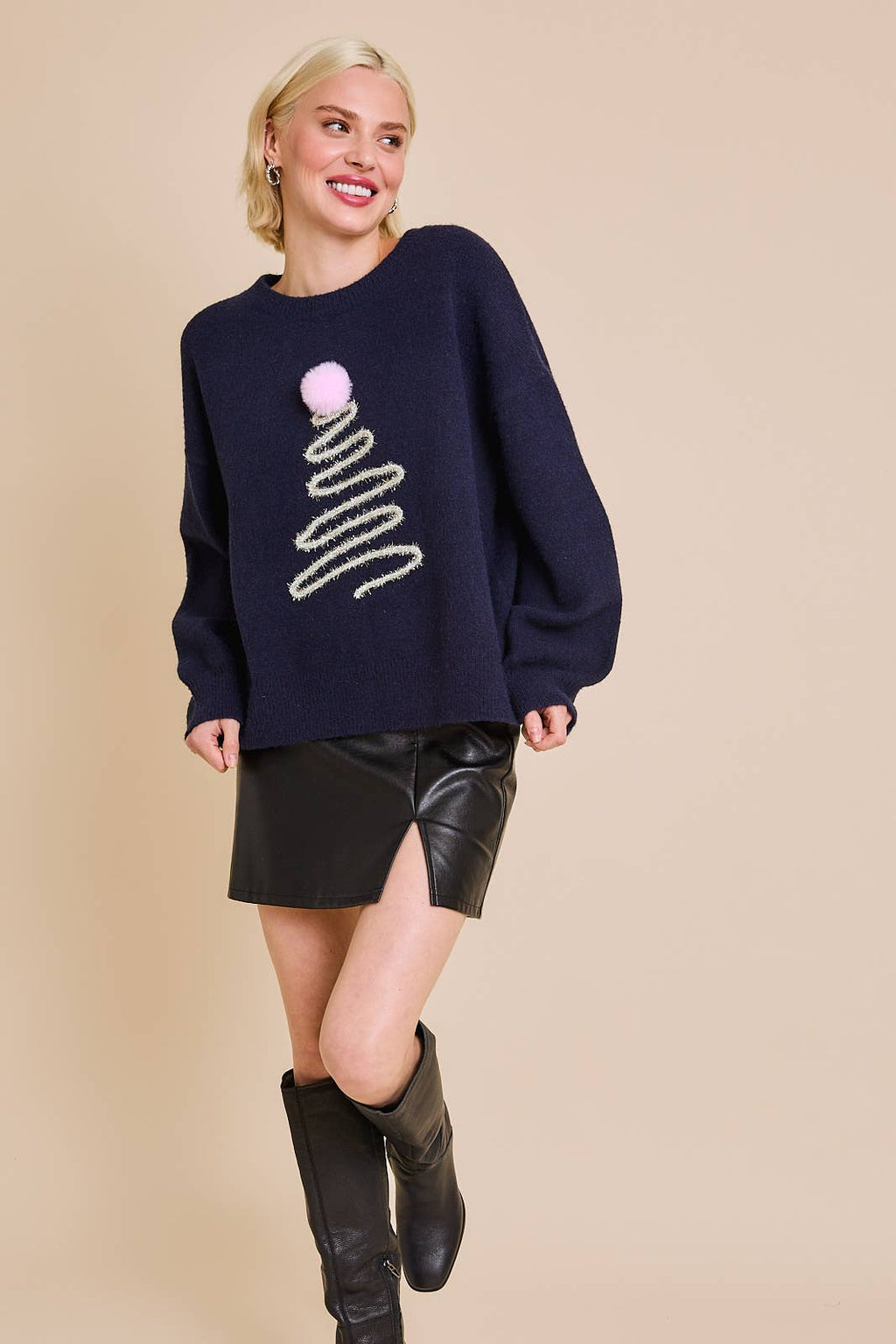 ROUND NECK LONG SLEEVE "TREE" APPLIQUE SWEATER