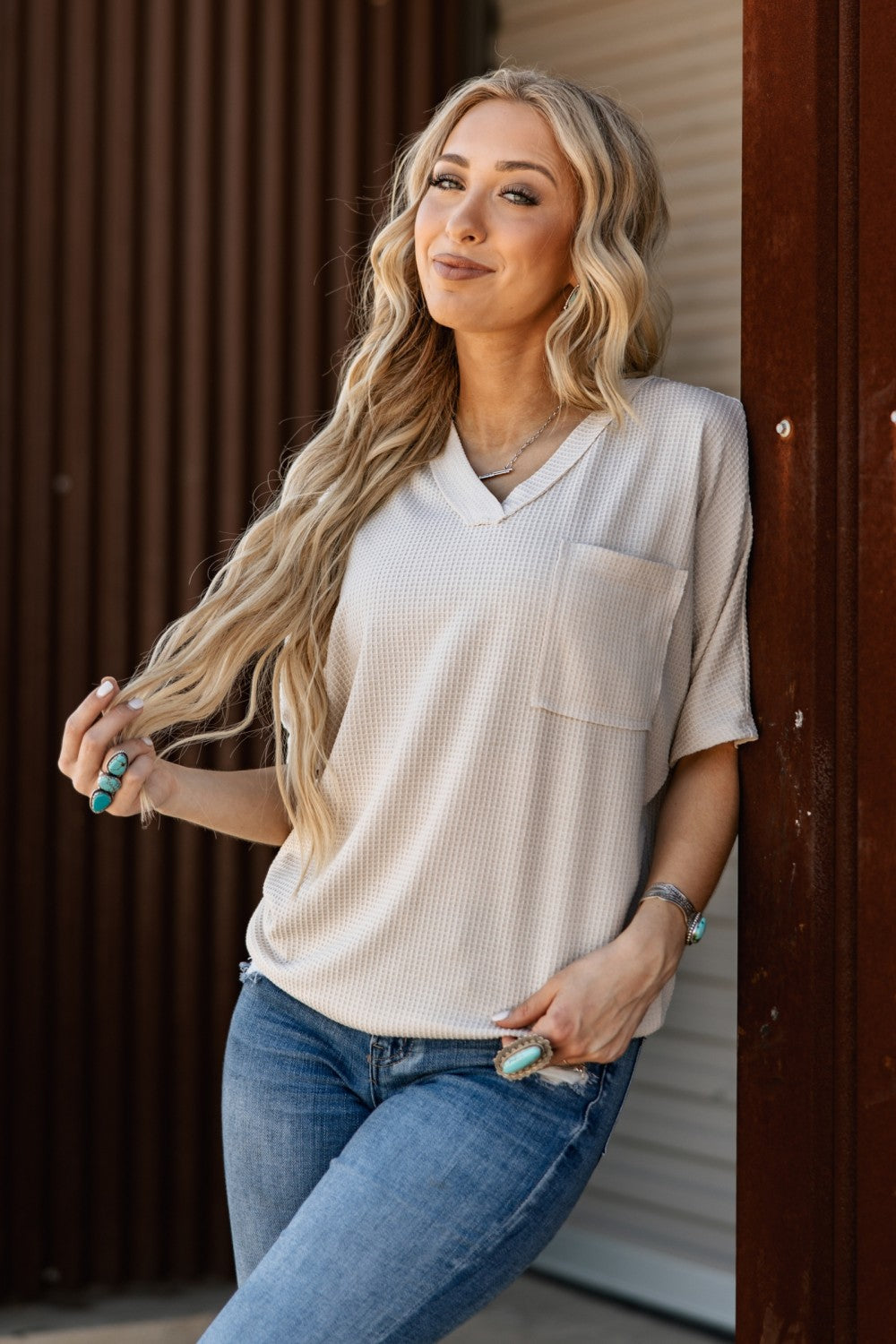 Oversized Two Tone Waffle Top
