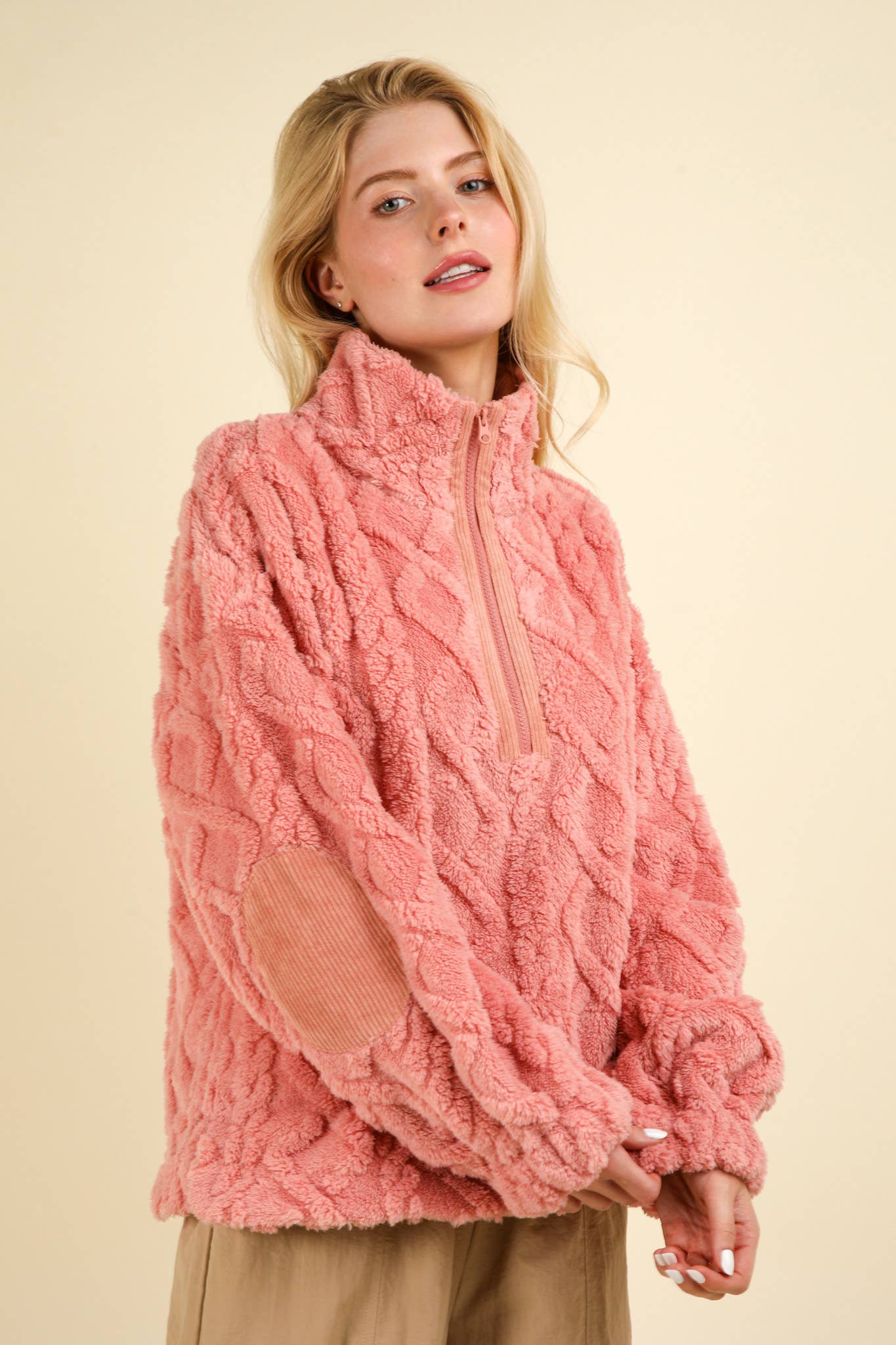 Fuzzy Fleece Cozy Cable Pattern Henley Top