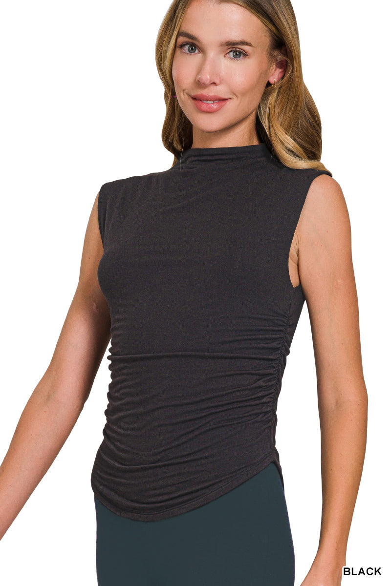 Double Layered Ruched Side Mock Neck Top