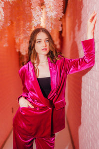 Mocha Double Breasted Velvet Holiday Party Jacket