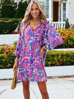 Floral Printed Bishop Sleeve Smock Dress