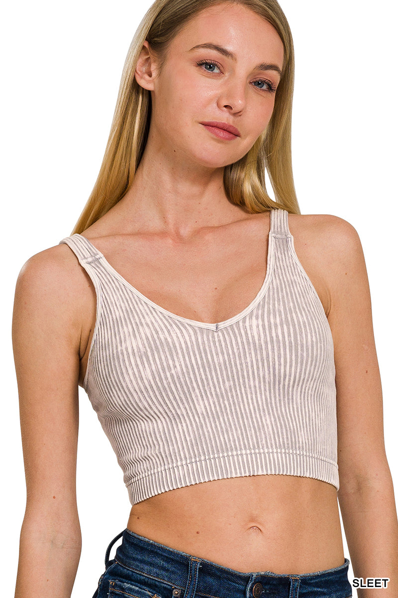 Washed Ribbed Cropped Seamless V-Neck Tank-Sleet