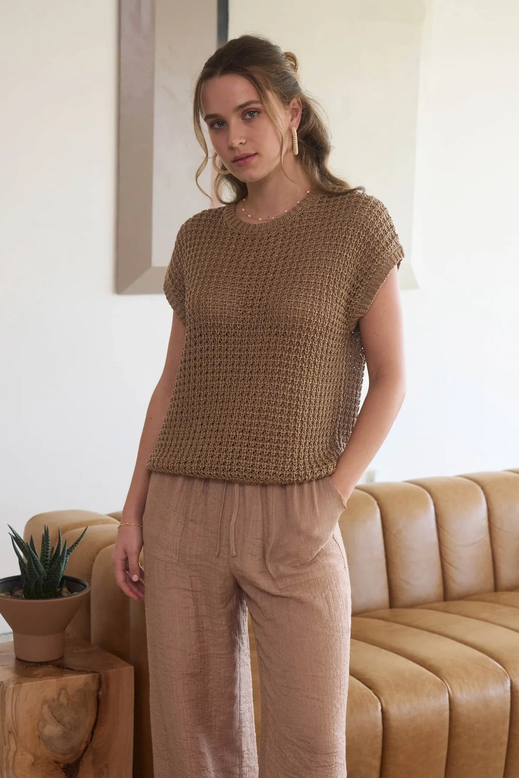 Crochet Knit Batwing Short Sleeve Sweater