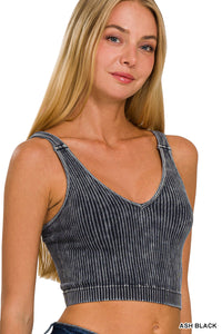 Washed Ribbed Cropped Seamless V-Neck Tank Top