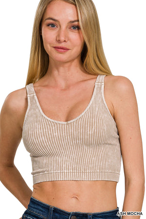 Washed Ribbed Cropped Seamless V-Neck Tank Top