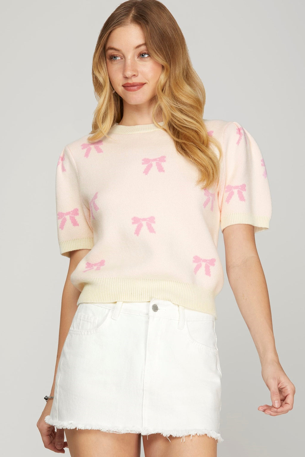 Puff Short Sleeve Bow Pattern Sweater