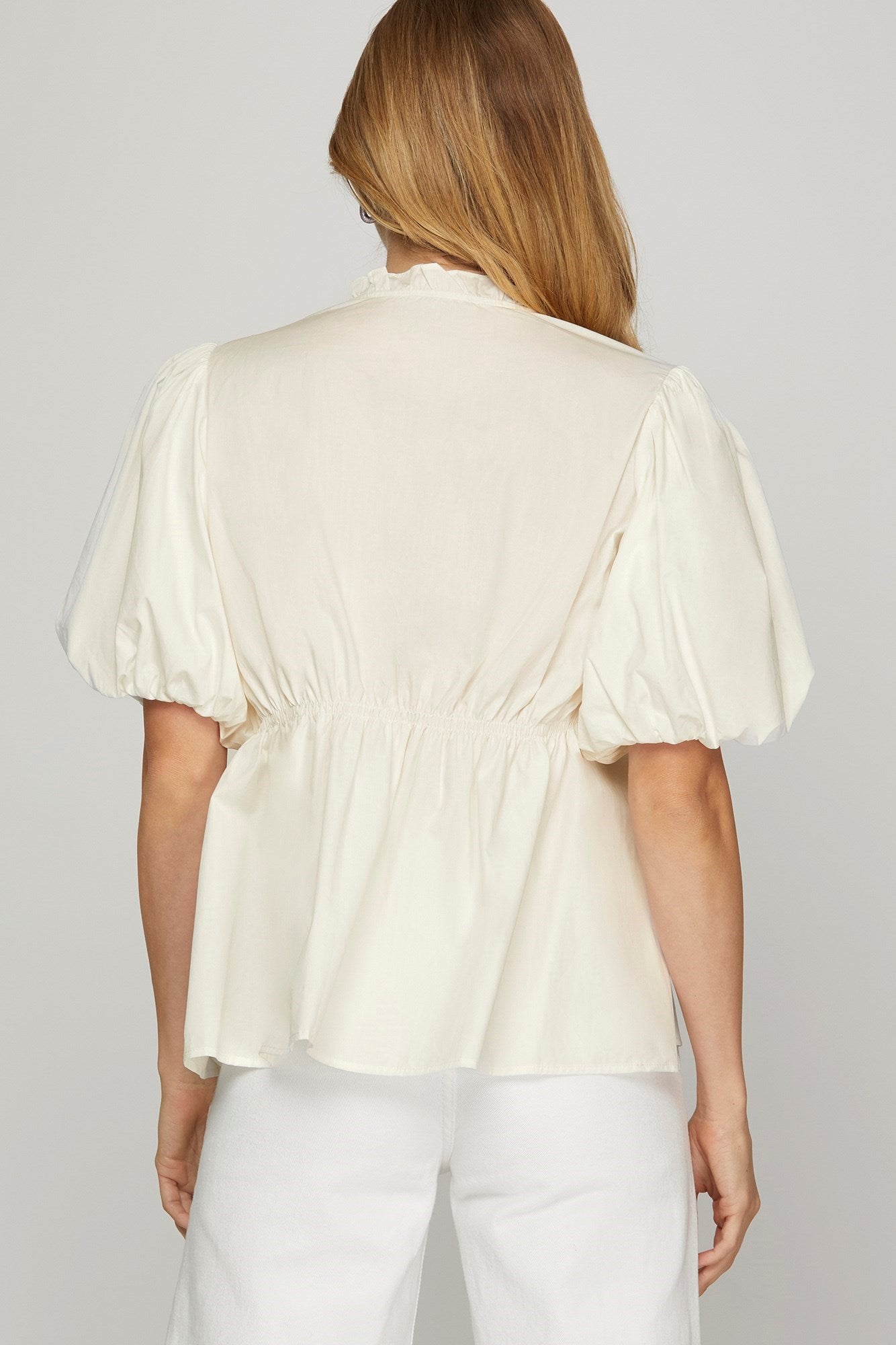 Short Bubble Sleeve Smocked Woven Top