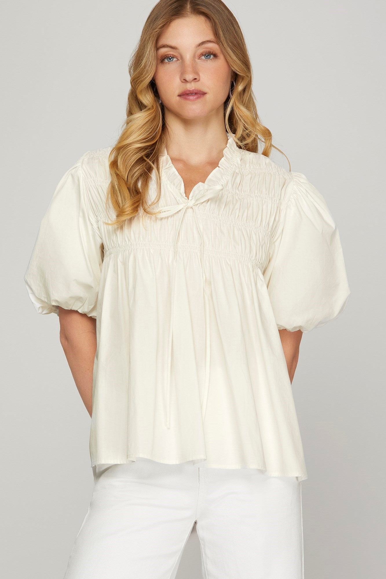 Short Bubble Sleeve Smocked Woven Top
