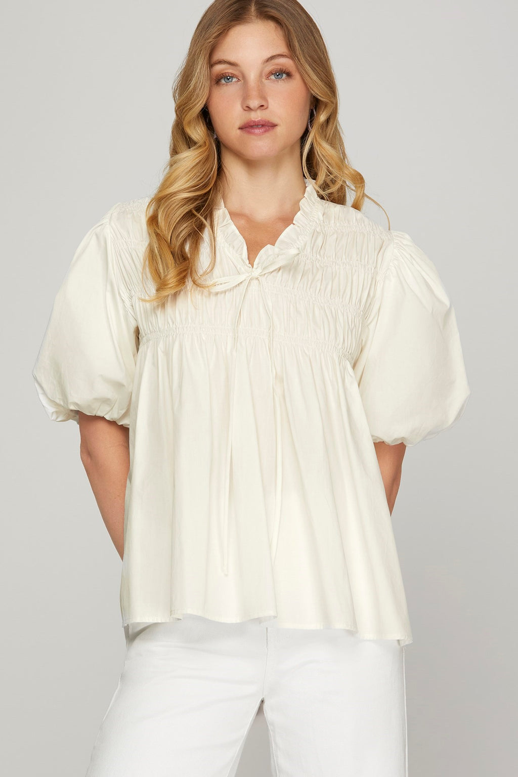 Short Bubble Sleeve Smocked Woven Top