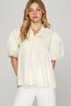 Short Bubble Sleeve Smocked Woven Top