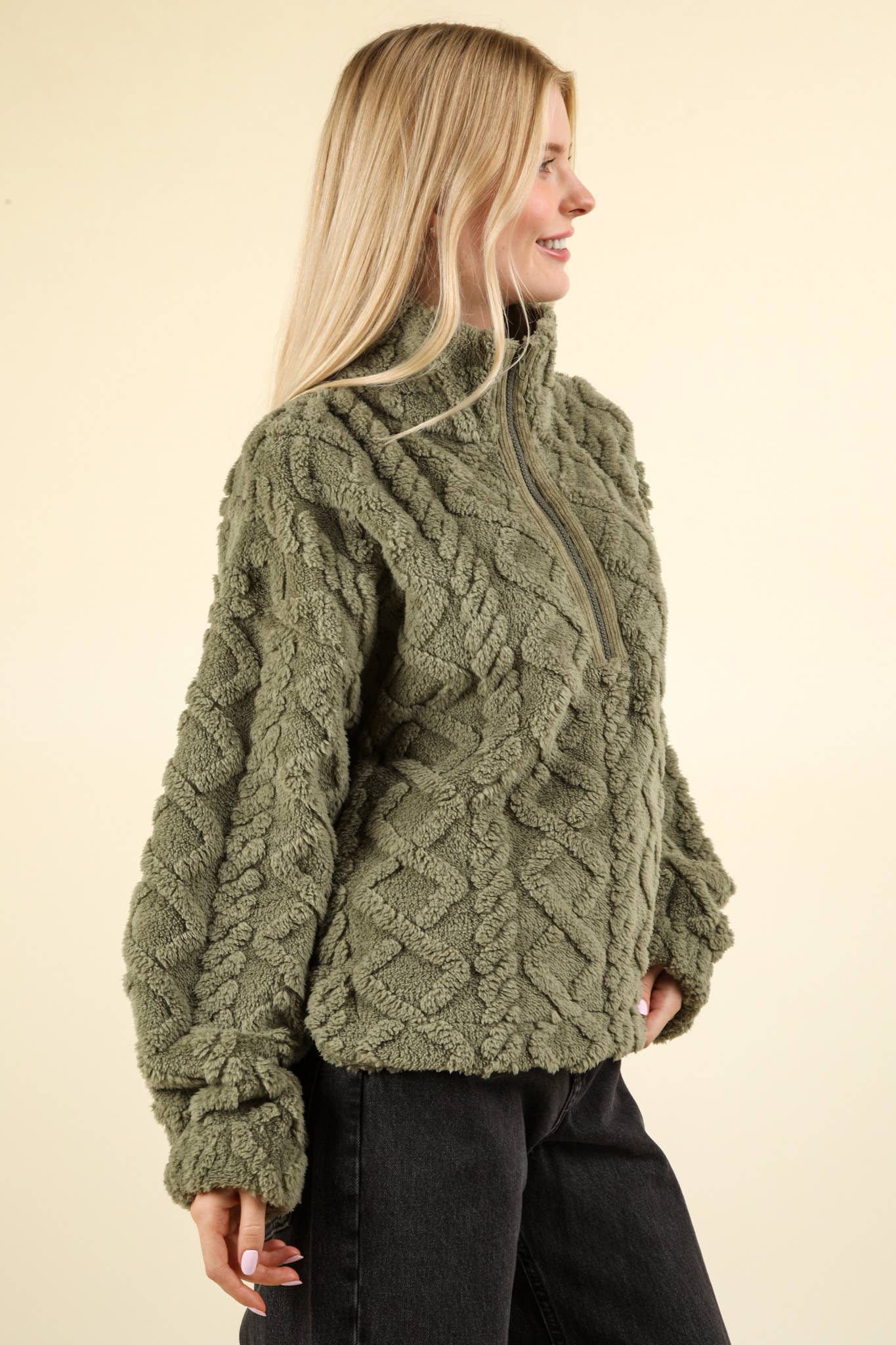 Fuzzy Fleece Cozy Cable Pattern Henley Top