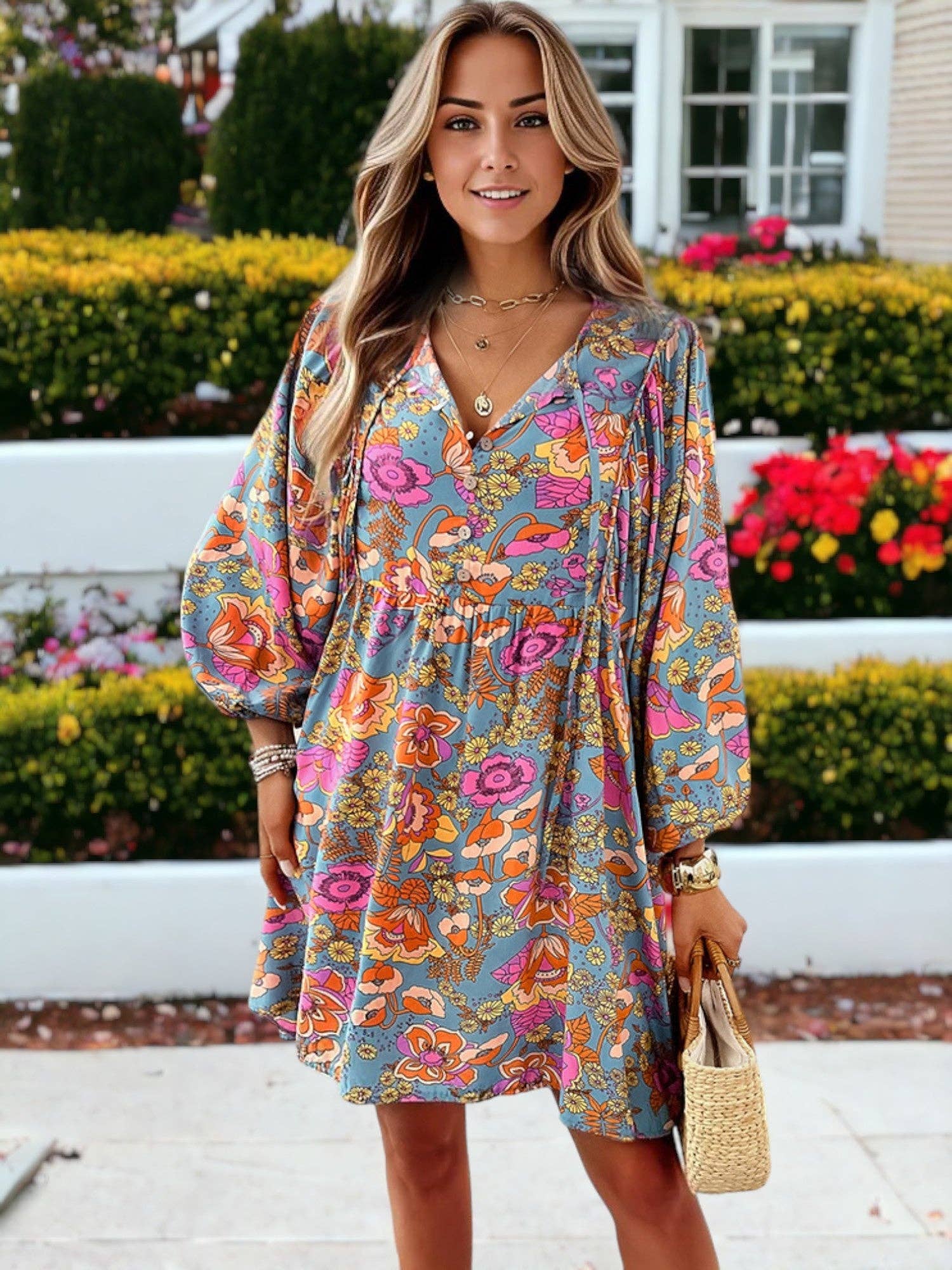 Floral Printed Bishop Sleeve Smock Dress