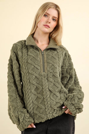 Fuzzy Fleece Cozy Cable Pattern Henley Top