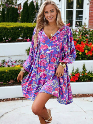 Floral Printed Bishop Sleeve Smock Dress