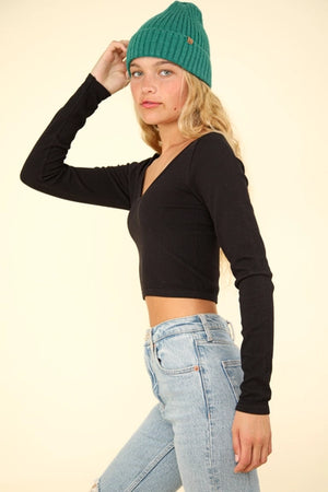 Easy Comfy Casual Fitted Crop Knit Top- Black