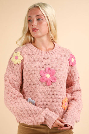 Hand Made Flower Applique Knit Sweater Top