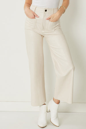 Natural Faux Leather Wide Leg Pants