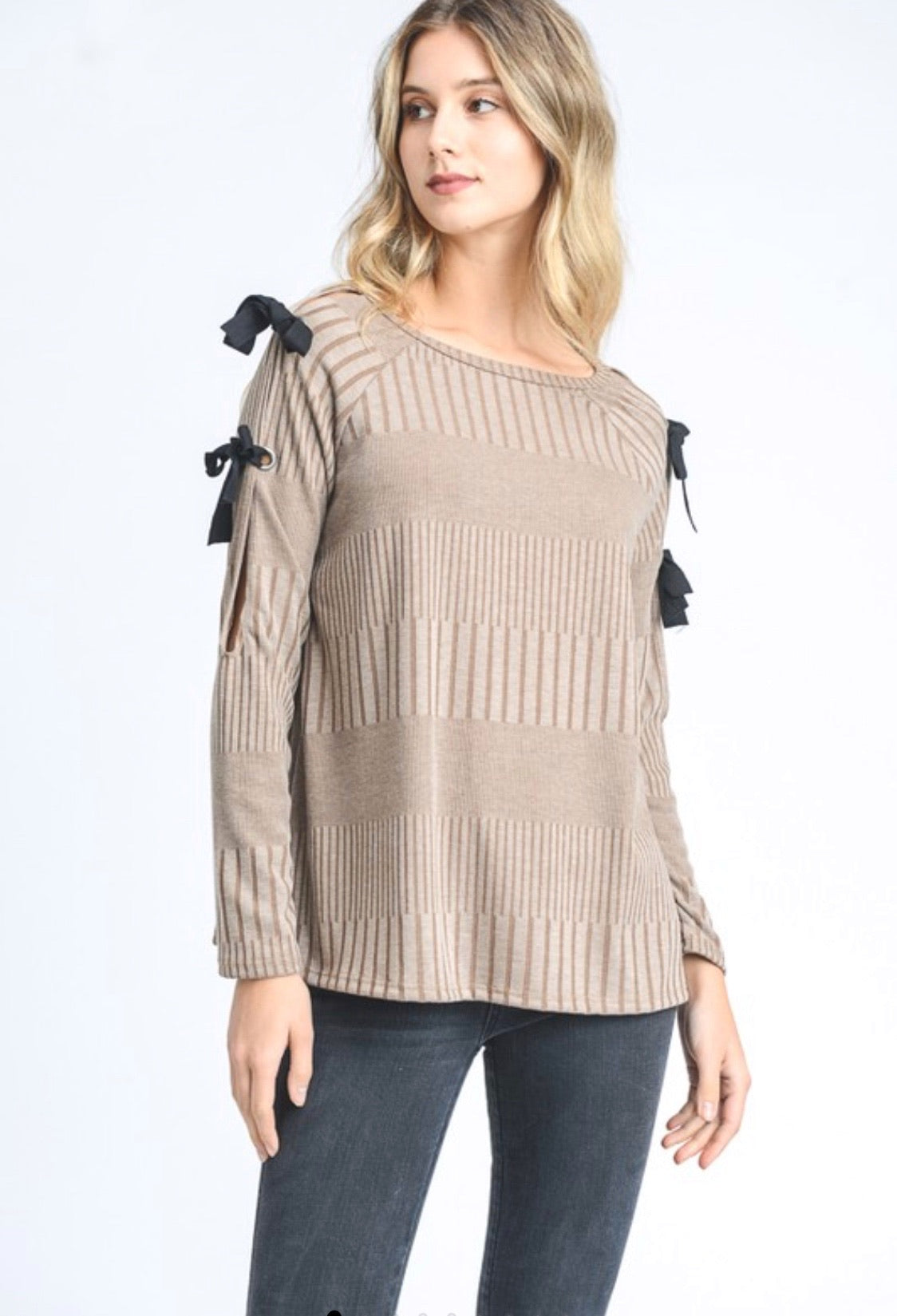 Taupe Long Sleeved Top w/ Bow Details