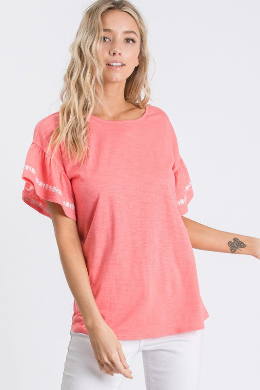 Coral Blouse w/ Ruffle Sleeves