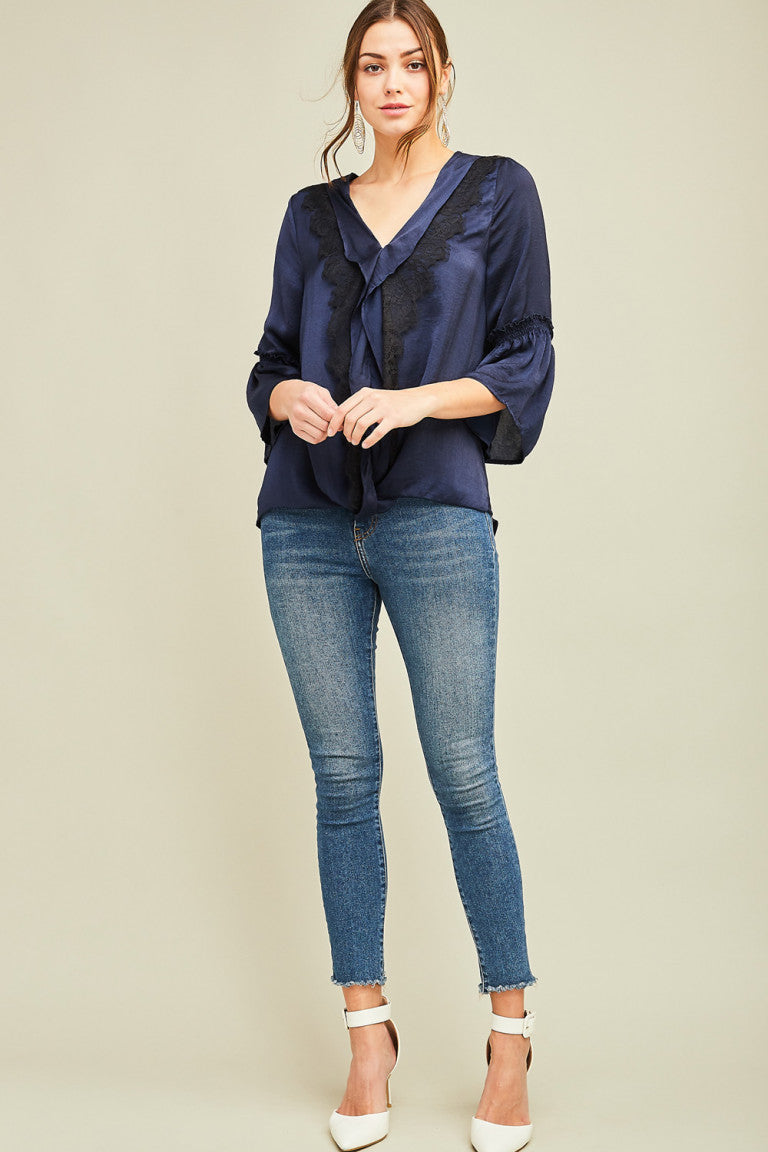 Navy Satin & Lace Blouse