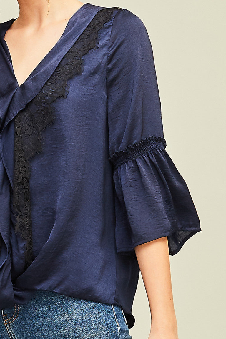 Navy Satin & Lace Blouse
