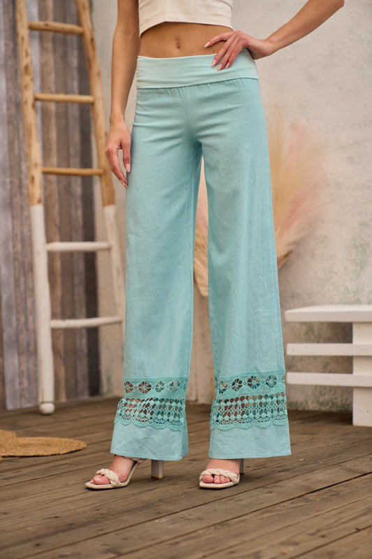 Turquoise Foldover Linen Pants