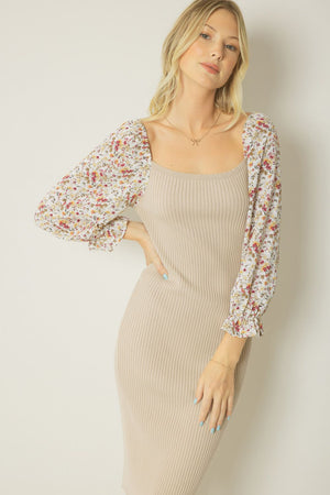 Floral Sleeve Ribbed Dress