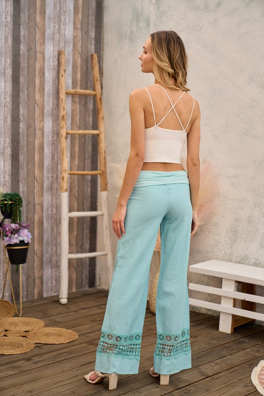 Turquoise Foldover Linen Pants
