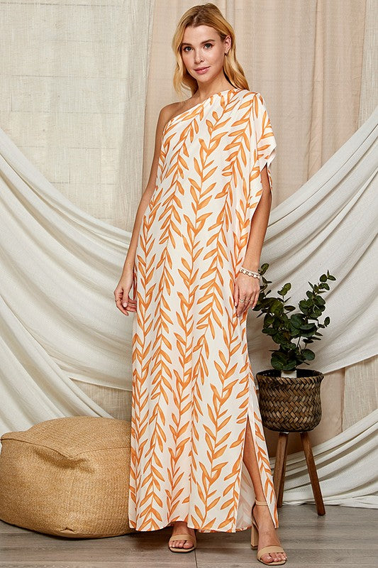 Orange Leaf One Shoulder Dress