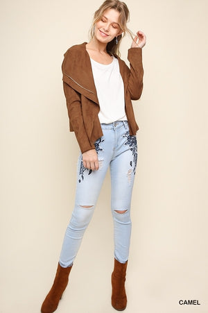 Camel Suede Zip Up Moto Jacket
